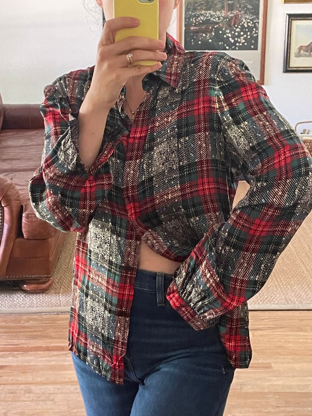 Vintage Carlisle Holiday Plaid Satin Silk Button Down Blouse